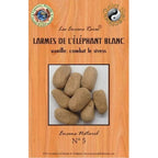 Paquet d’encens rares « Larmes de l’Éléphant Blanc » n°5, visuel de galets d’encens beiges sur fond bois.
