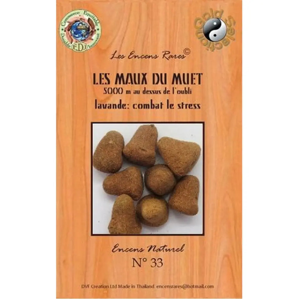Paquet d’encens rares « Les Maux du Muet » n°33, visuel de cônes d’encens bruns sur fond bois.