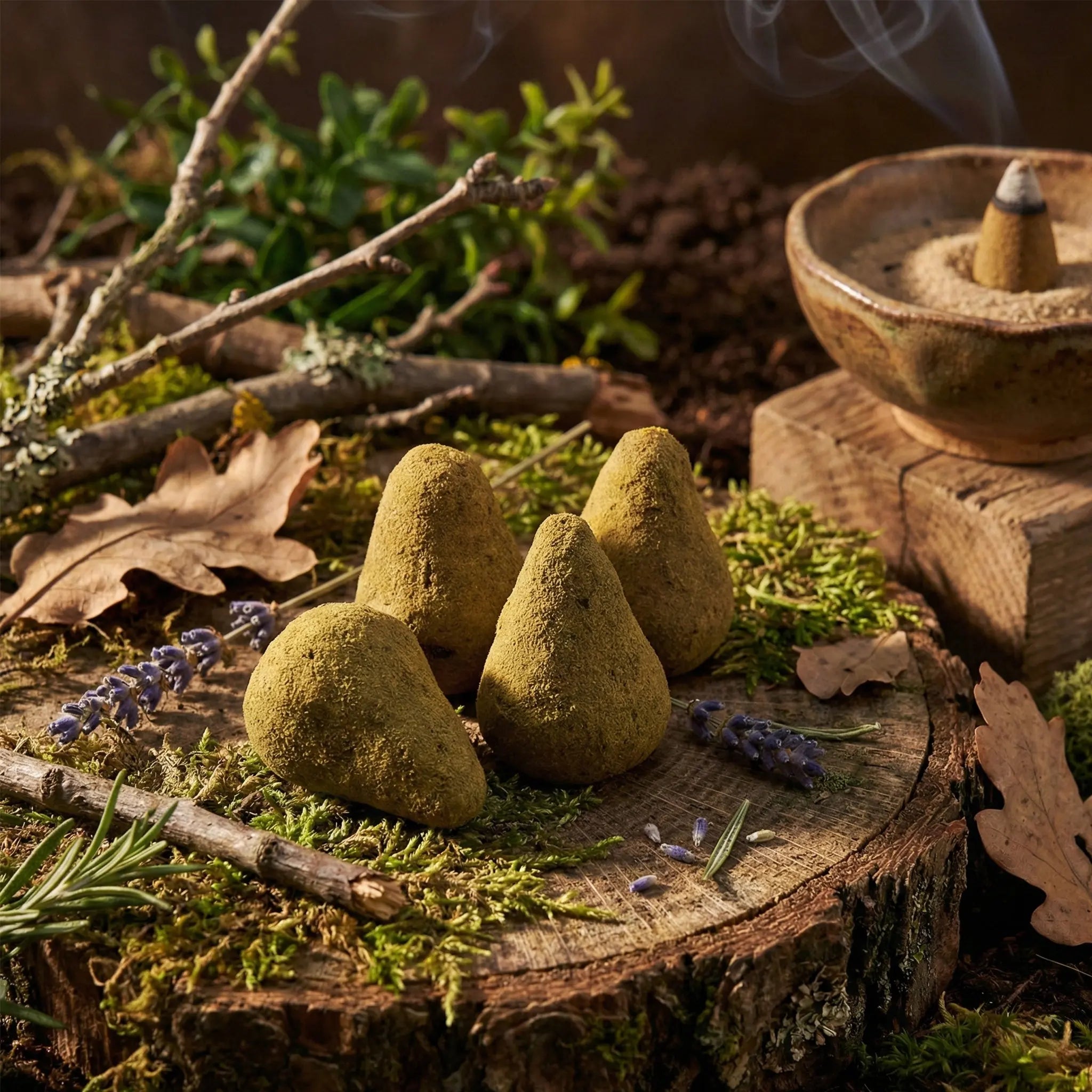 Cônes d’encens verts posés sur une tranche de bois, avec porte-encens en céramique fumant, mousse, branches, feuilles et brins de lavande.