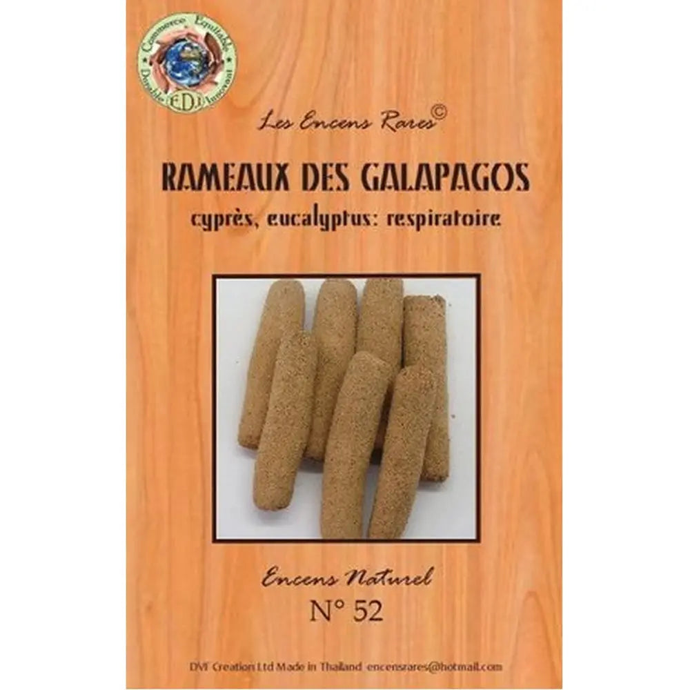 Sachet d'encens naturel Rameaux des Galapagos N°52 Cyprès Eucalyptus, emballage ton bois avec fenêtre sur les bâtonnets.