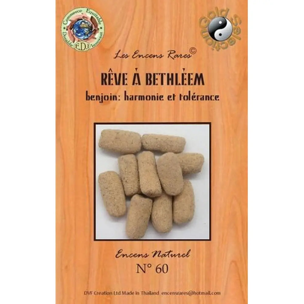 Paquet d’encens rares « Rêve à Bethléem » n°60, visuel de bâtons d’encens beiges sur fond bois.