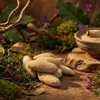 Bâtons d’encens beiges disposés sur table en bois, avec porte-encens en céramique fumant, mousse, branches, feuilles et fleurs violettes.