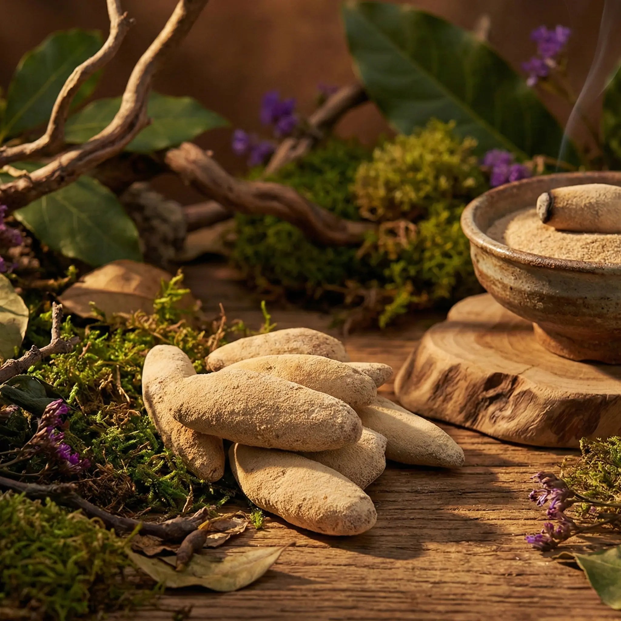 Bâtons d’encens beiges disposés sur table en bois, avec porte-encens en céramique fumant, mousse, branches, feuilles et fleurs violettes.