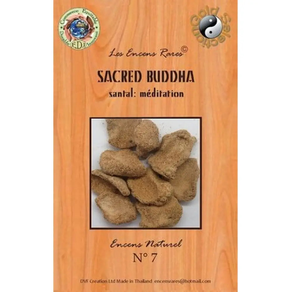 Sachet d'encens naturel Sacred Buddha N°7 Santal Méditation, emballage ton bois avec fenêtre sur les morceaux.