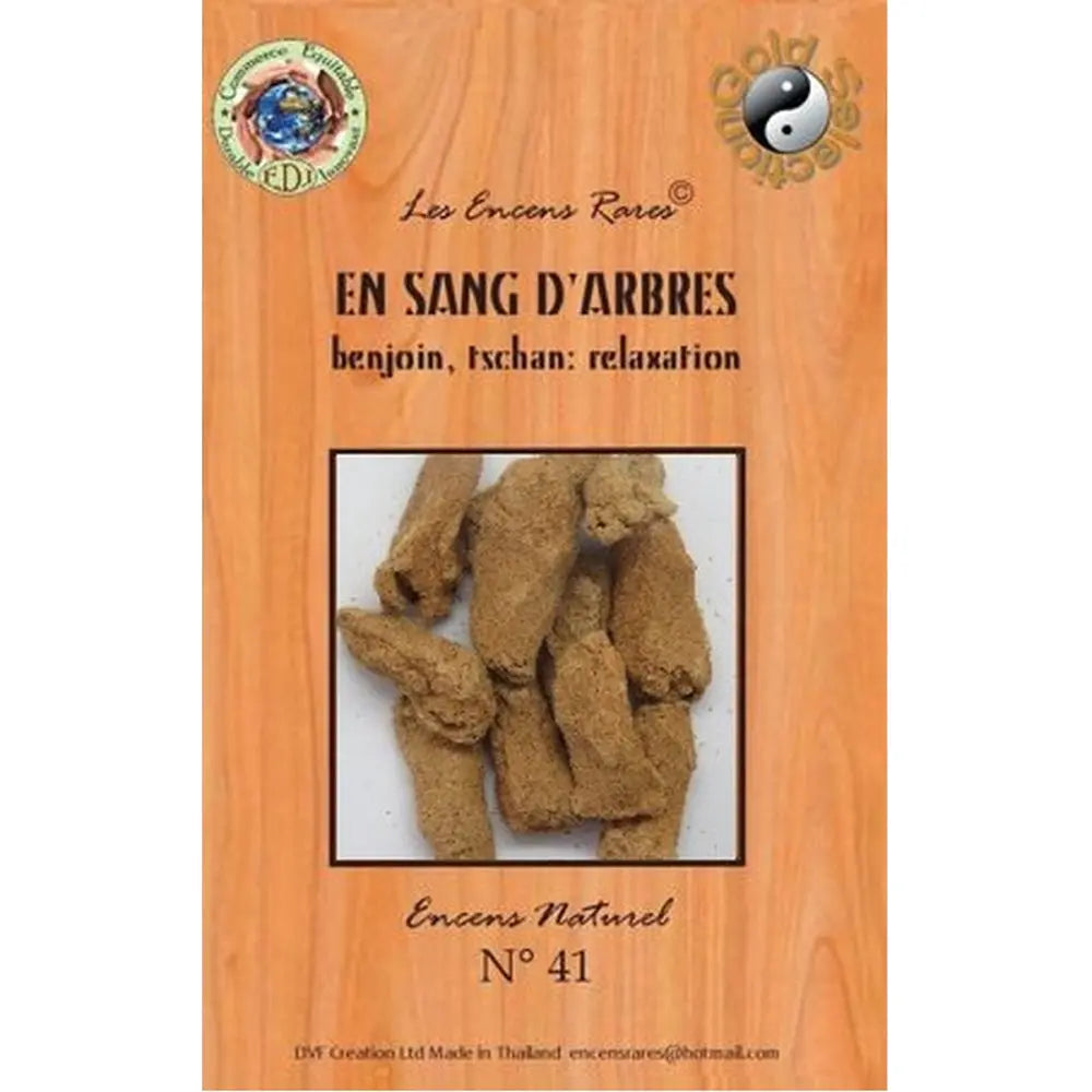 Paquet d’encens rares « En Sang d’Arbres » n°41, visuel de bâtons d’encens beiges sur fond bois.