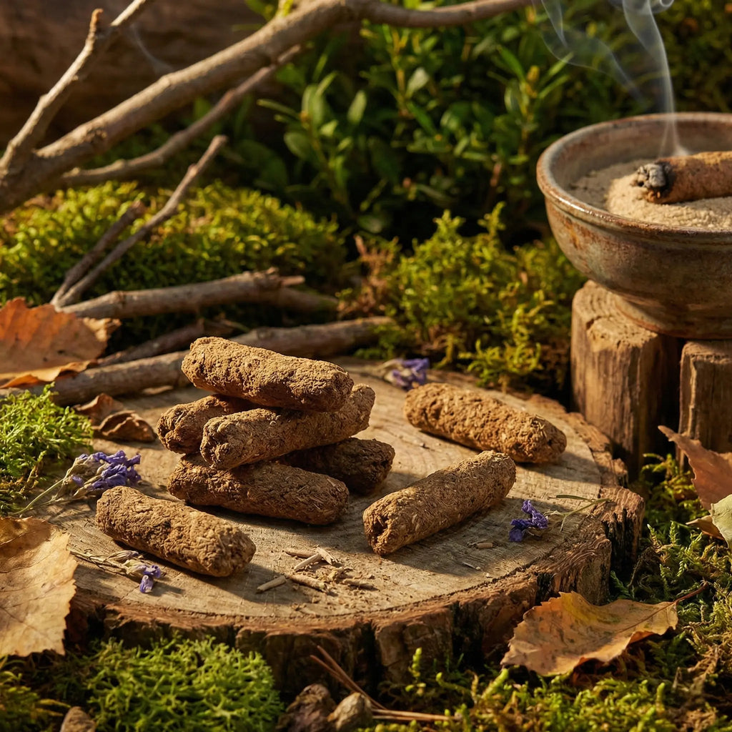 Bâtons d’encens bruns sur souche de bois, avec porte-encens en céramique fumant, mousse, branches et feuilles.