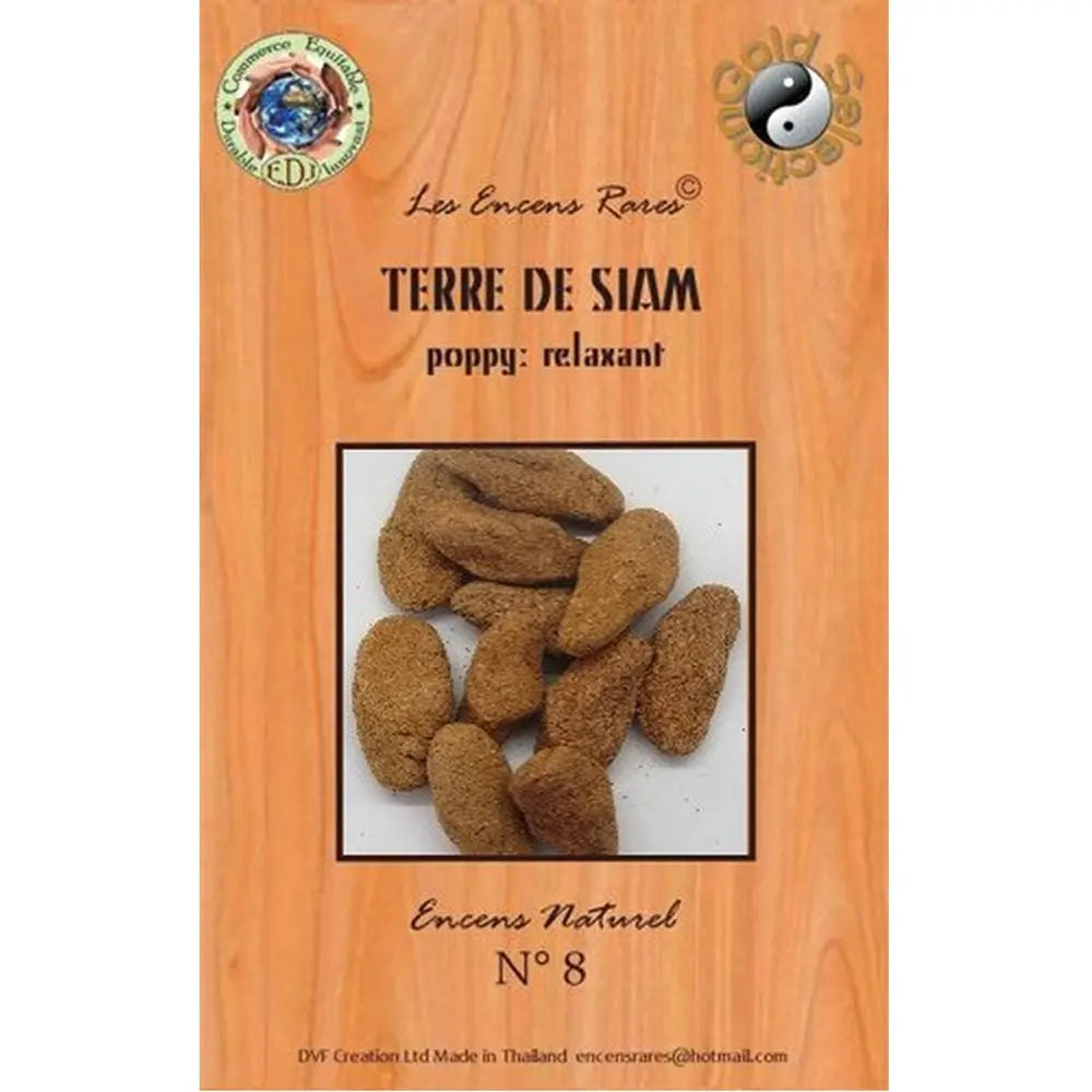 Sachet d'encens naturel Terre de Siam N°8 Poppy relaxant, emballage ton bois avec fenêtre sur les morceaux.