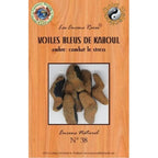 Boîte d’encens naturel « Voiles bleus de Kaboul » avec photo de cônes d’encens bruns à motifs sombres sur fond effet bois.