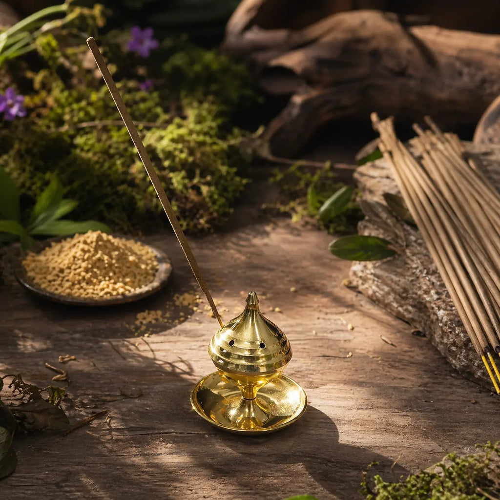 Encensoir traditionnel en laiton doré avec bâtonnet d'encens allumé dans un décor naturel et boisé.