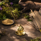 Encensoir traditionnel en laiton doré avec bâtonnet d'encens allumé dans un décor naturel et boisé.