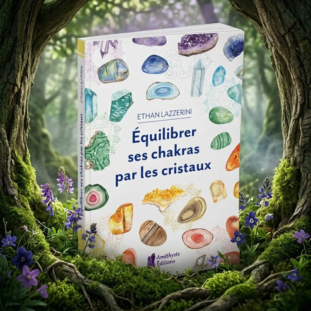 Livre blanc Équilibrer ses Chakras par les Cristaux d'Ethan Lazzerini illustré de nombreux minéraux colorés, posé dans un cadre de racines et de fleurs forestières.