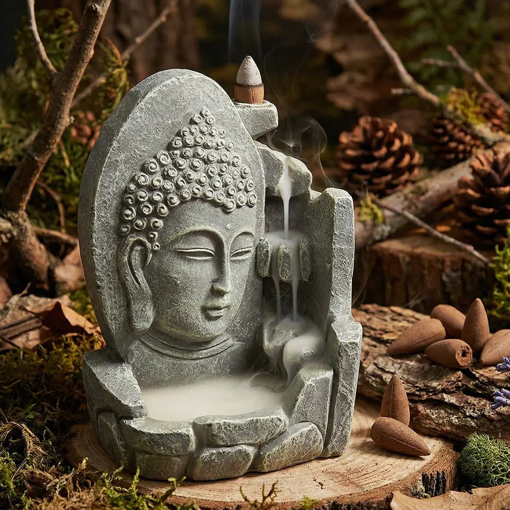 Fontaine à Encens Backflow Brûle encens - Gris Clair visage Bouddha zen avec fumée en cascade pour méditation