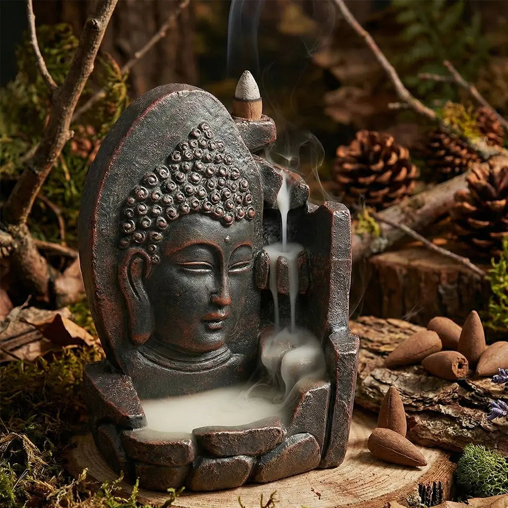 Fontaine à Encens Backflow Brûle encens - Foncé visage Bouddha pierre sombre et cascade de fumée pour autel