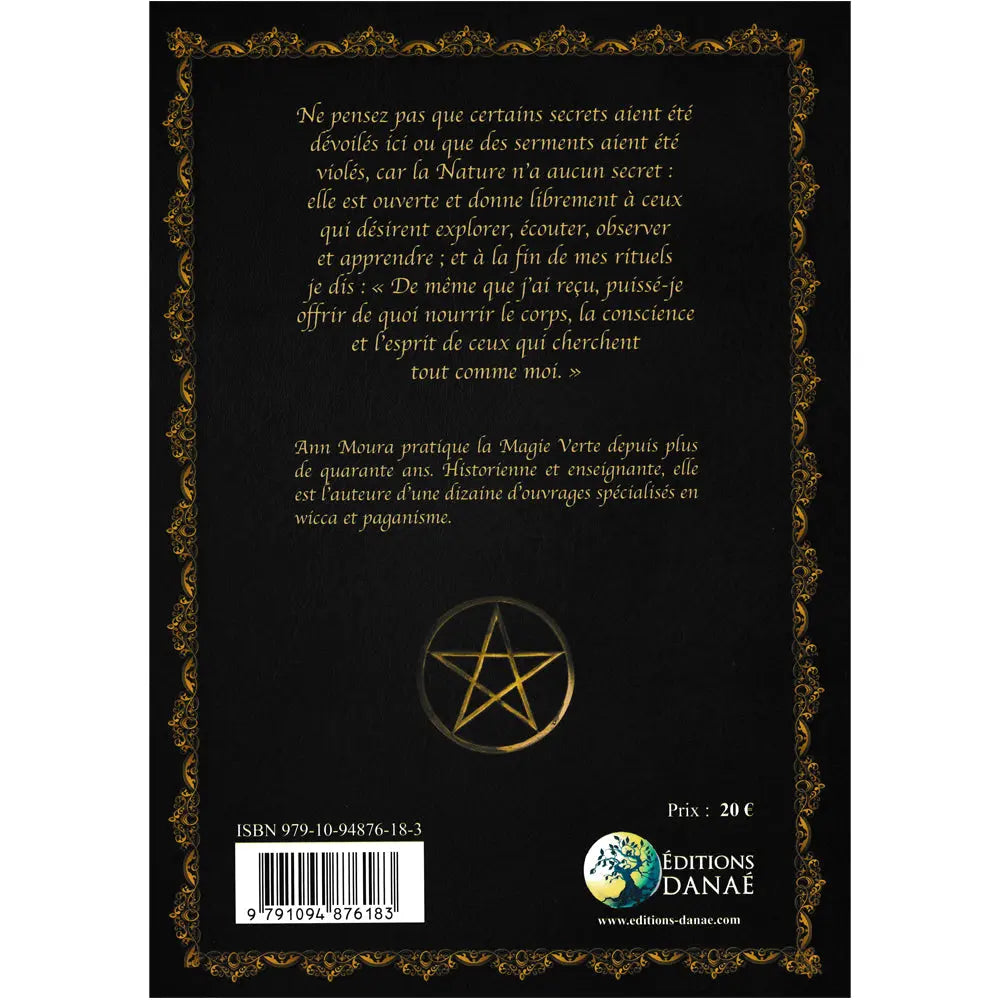 Dos du Grimoire de Magie Verte sur fond noir, orné d'un pentacle doré et d'un résumé.