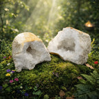 Impressionnante géode ouverte de cristal de roche pesant plus de 4 kg, révélant une cavité profonde de cristaux blancs étincelants sur un lit de mousse forestière fleurie.