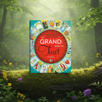 Livre vert canard Le Grand Guide Du Tarot de Liz Dean posé sur une souche, orné d'un grand cercle rouge central entouré d'une roue de cartes colorées.