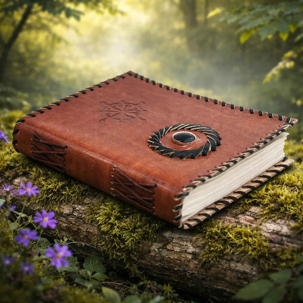 Grimoire en Cuir Artisanal Contour Cuir Noir - Onyx Noir posé sur un tronc moussu avec des fleurs violettes, couverture en cuir marron avec tressage noir et pierre centrale.