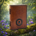 Un carnet grimoire en cuir marron orné d'une rose des vents embossée et d'une pierre d'onyx noire centrale, souligné par des bordures tressées en cuir noir et mis en scène dans un décor de forêt verdoyante.