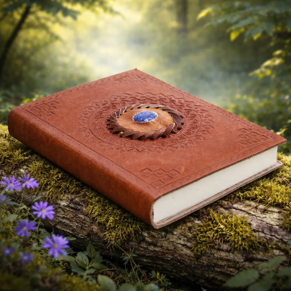 Grimoire en Cuir Artisanal - Lapis Lazuli avec couverture en cuir marron embossé et pierre bleue centrale, posé sur un tronc moussu entouré de fleurs violettes.