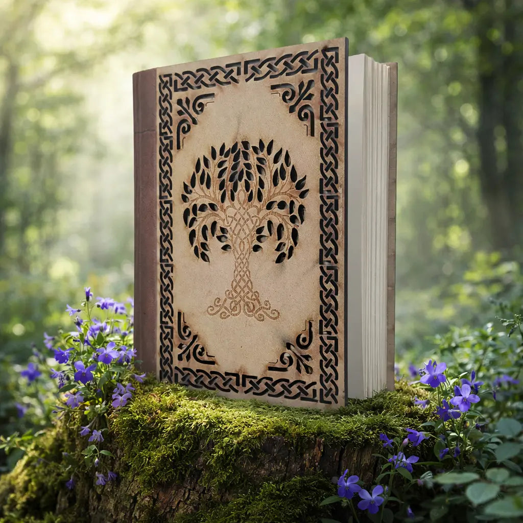 Un magnifique carnet artisanal avec une tranche en cuir marron et une couverture en bois ajouré représentant un Arbre de Vie entouré d'entrelacs celtiques, posé sur une souche moussue avec des fleurs violettes.