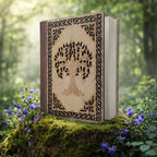 Un magnifique carnet artisanal avec une tranche en cuir marron et une couverture en bois ajouré représentant un Arbre de Vie entouré d'entrelacs celtiques, posé sur une souche moussue avec des fleurs violettes.