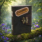 Grimoire en Cuir Artisanal - Confession en cuir sombre avec verrou métallique, posé sur une branche moussue entourée de fleurs violettes en forêt.