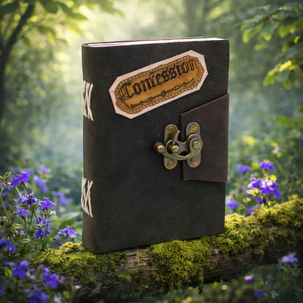Grimoire en Cuir Artisanal - Confession en cuir sombre avec verrou métallique, posé sur une branche moussue entourée de fleurs violettes en forêt.
