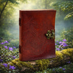 Grimoire en Cuir Artisanal - Dragon marron foncé avec motif double dragon embossé et verrou, posé sur une branche moussue en forêt.