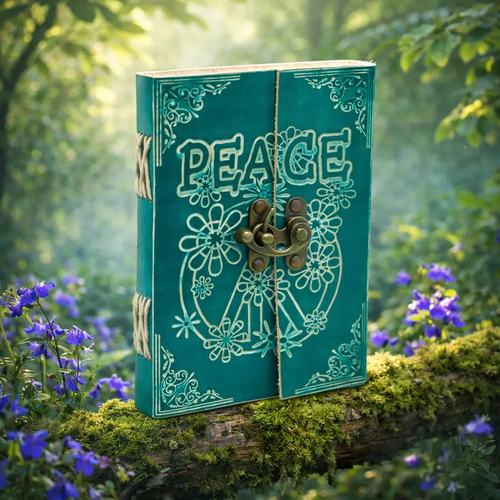 Grimoire en Cuir Artisanal - Paix vert avec motifs floraux et verrou métallique, posé sur une branche moussue entourée de petites fleurs violettes.