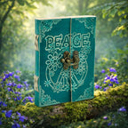 Grimoire en Cuir Artisanal - Paix vert avec motifs floraux et verrou métallique, posé sur une branche moussue entourée de petites fleurs violettes.