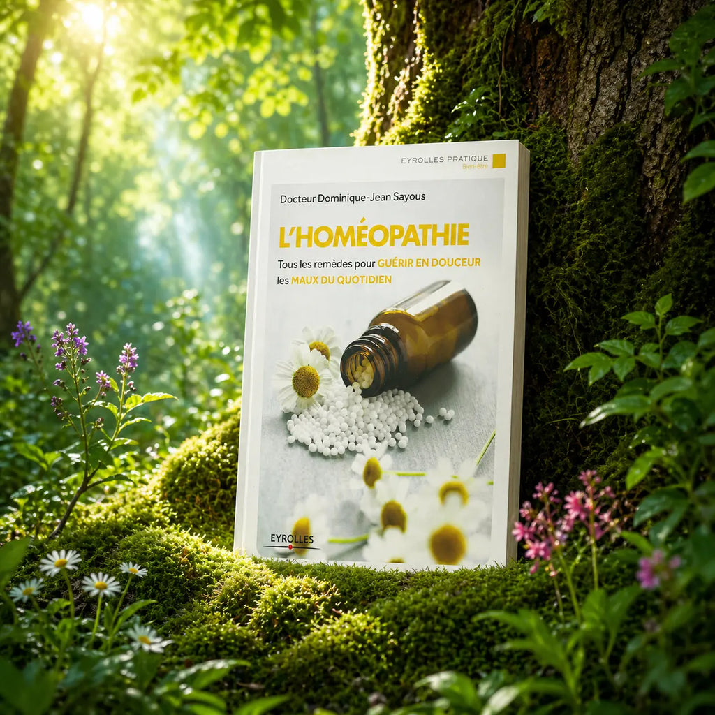 Livre L'Homéopathie du Dr Dominique-Jean Sayous posé contre un arbre, illustré d'un flacon de granules renversé parmi des fleurs de camomille.