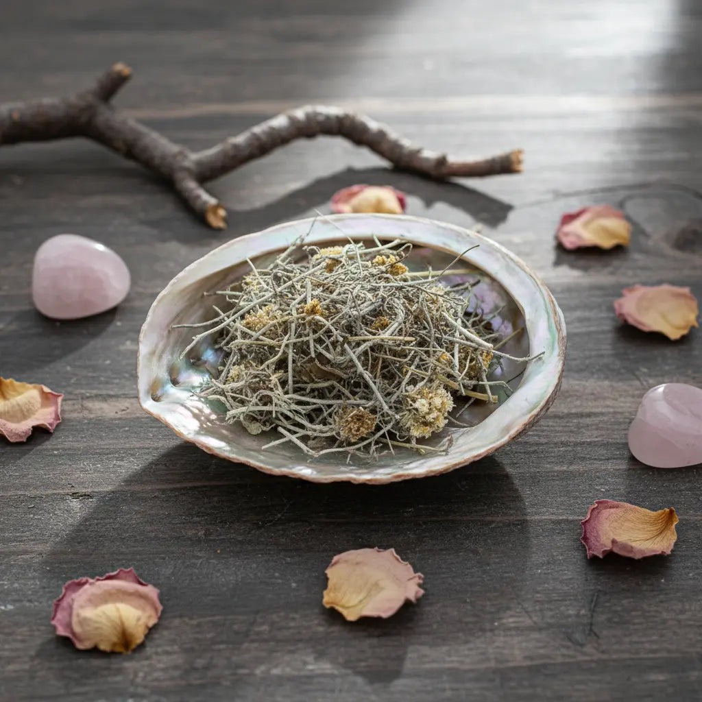 Immortelle séchée dans une coquille d’ormeau nacrée, sur table en bois sombre avec pétales de rose et pierres rose pâle.