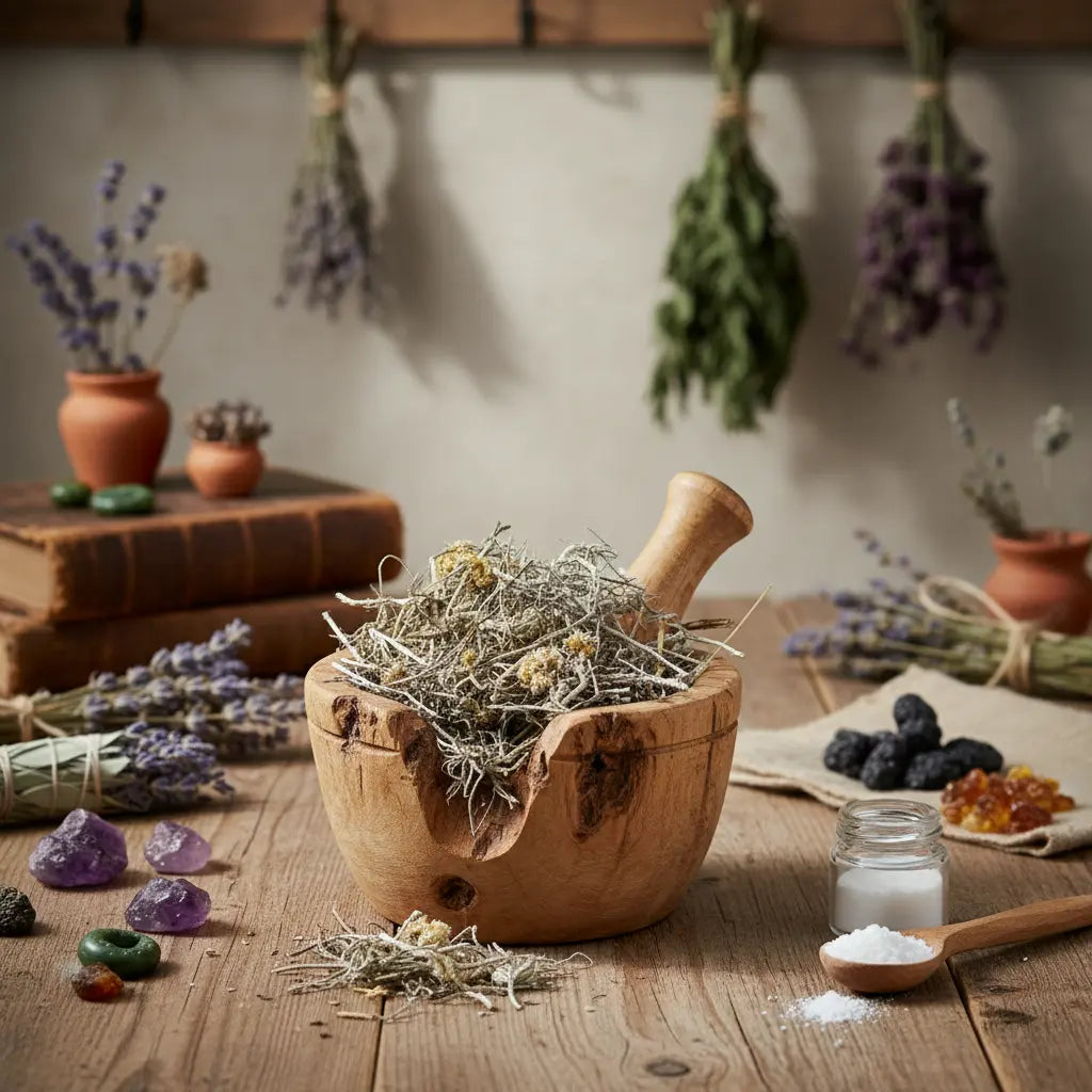 Immortelle séchée dans un mortier en bois, entourée de lavande, cristaux et petit pot de sel sur table d’herboristerie.