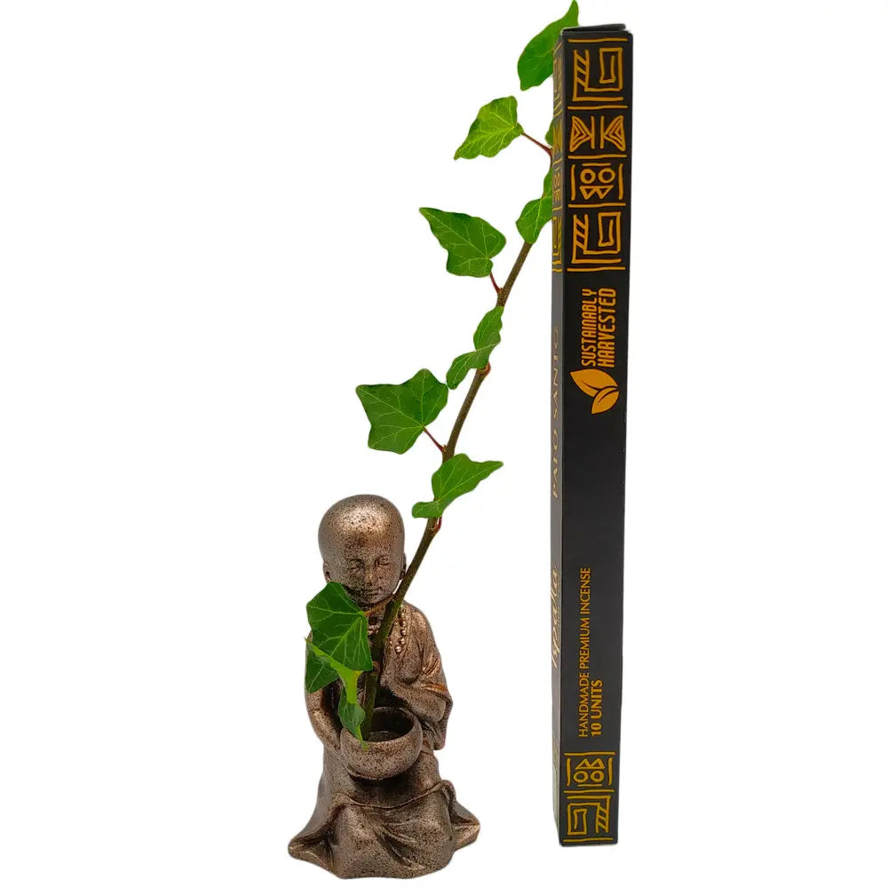 Statue de petit moine bouddhiste en méditation accompagnée d'un étui d'encens de Palo Santo premium.