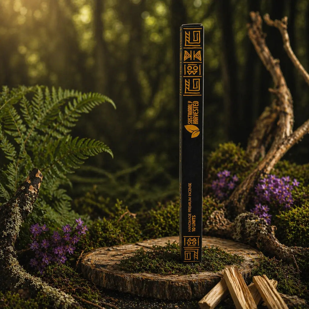 Étui d'encens noir Ispalla aux motifs dorés incas, dressé sur une tranche de bois moussue en pleine forêt mystique avec des morceaux de bois de Palo Santo.