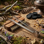 Kit Nettoyage pour Brûle Encens Brosse+Pince posé sur une table en bois pour l'entretien rituel.