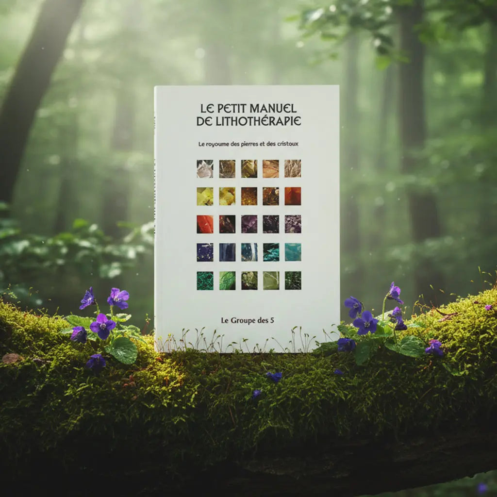Livre blanc Le Petit Manuel de Lithothérapie du Groupe des 5 posé sur une branche moussue, illustré d'une grille de vingt carrés montrant des textures de minéraux en gros plan.