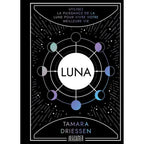 Luna de Tamara Driessen, sa couverture noire et contrastée illustrant les différentes phases lunaires stylisées en cercle aux teintes pastel et violacées autour d'un astre central blanc.