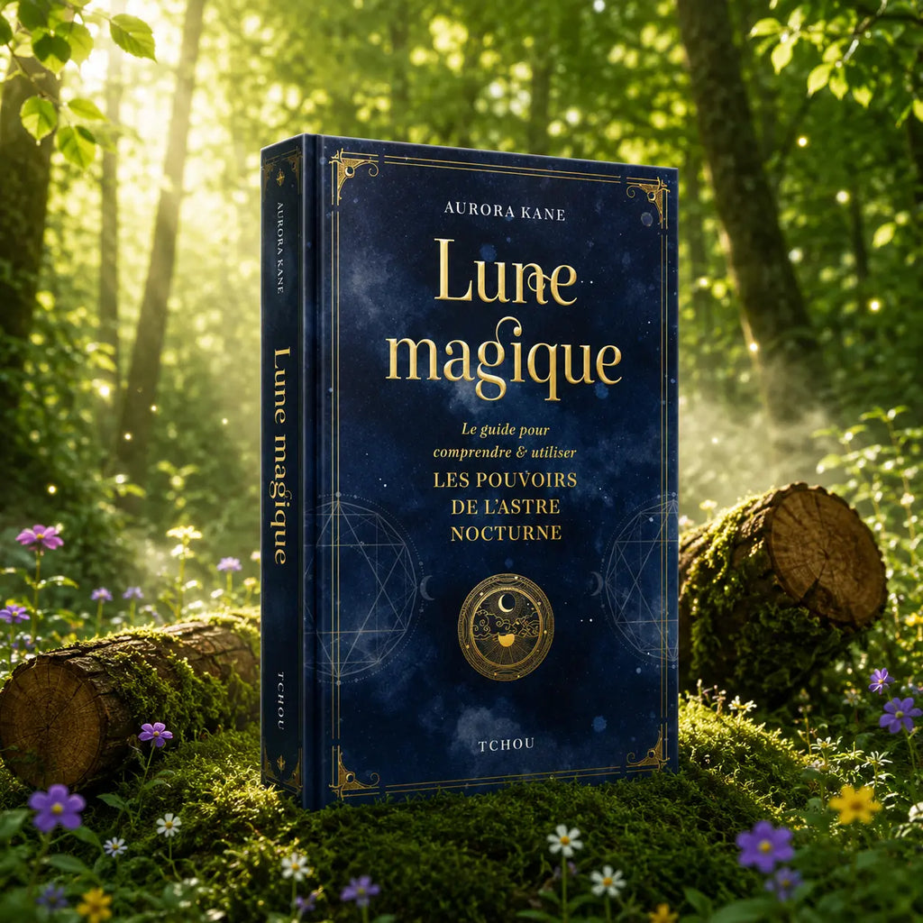 Livre Lune Magique - Aurora Kane sur mousse sacrée au pied d'un arbre, entouré de fleurs violettes sous des rayons de soleil magiques.
