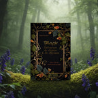 Livre noir Magie d'Attraction, de Charme & de Charisme de Patrick Guérin posé sur une souche, encadré d'entrelacs de lierres et de fleurs dorées.