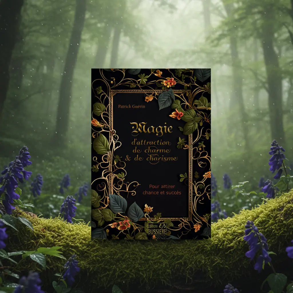 Livre noir Magie d'Attraction, de Charme & de Charisme de Patrick Guérin posé sur une souche, encadré d'entrelacs de lierres et de fleurs dorées.
