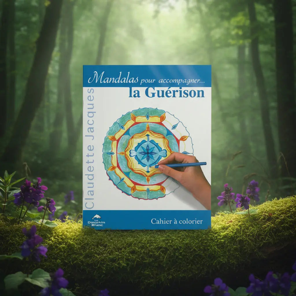 Cahier à colorier Mandalas pour accompagner la guérison de Claudette Jacques posé sur une branche moussue, illustré d'une main coloriant un mandala aux teintes bleues et jaunes au cœur d'une forêt.