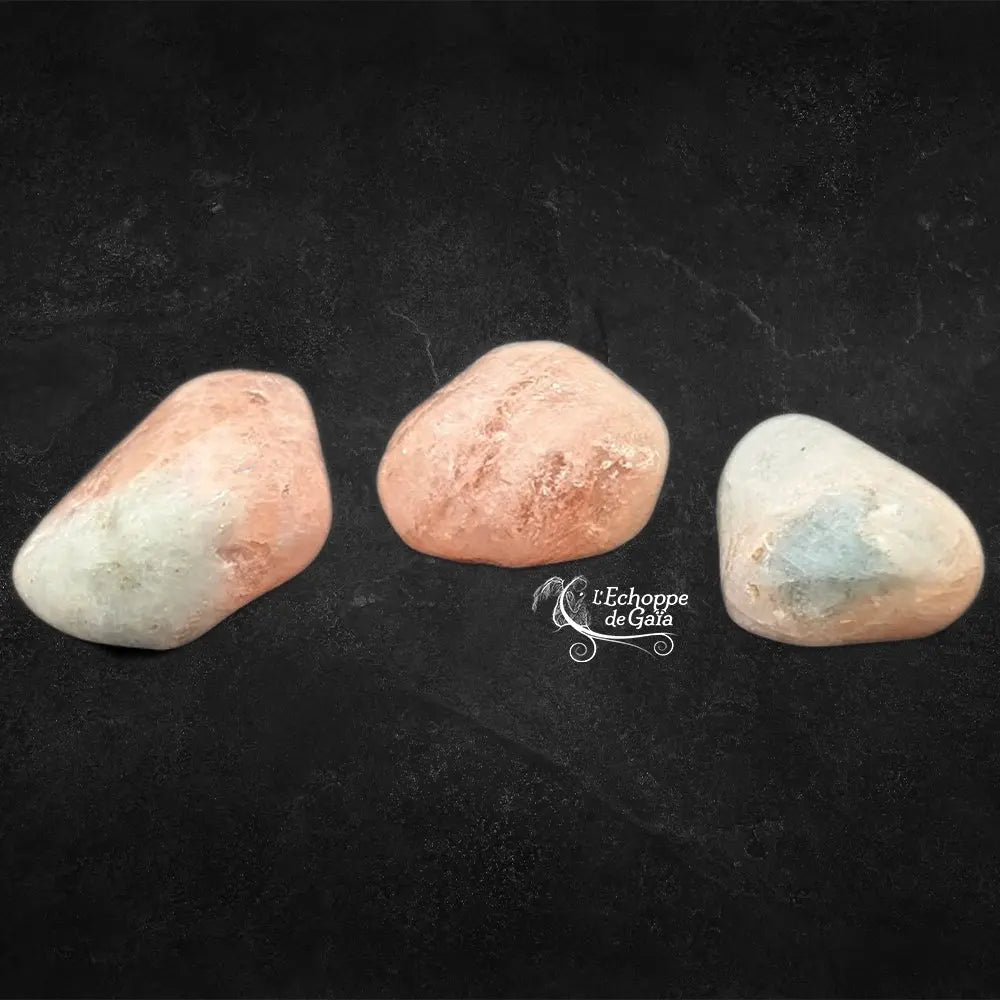 Trois pierres de morganite polies, aux nuances de rose et de pêche, présentées sur un fond noir.