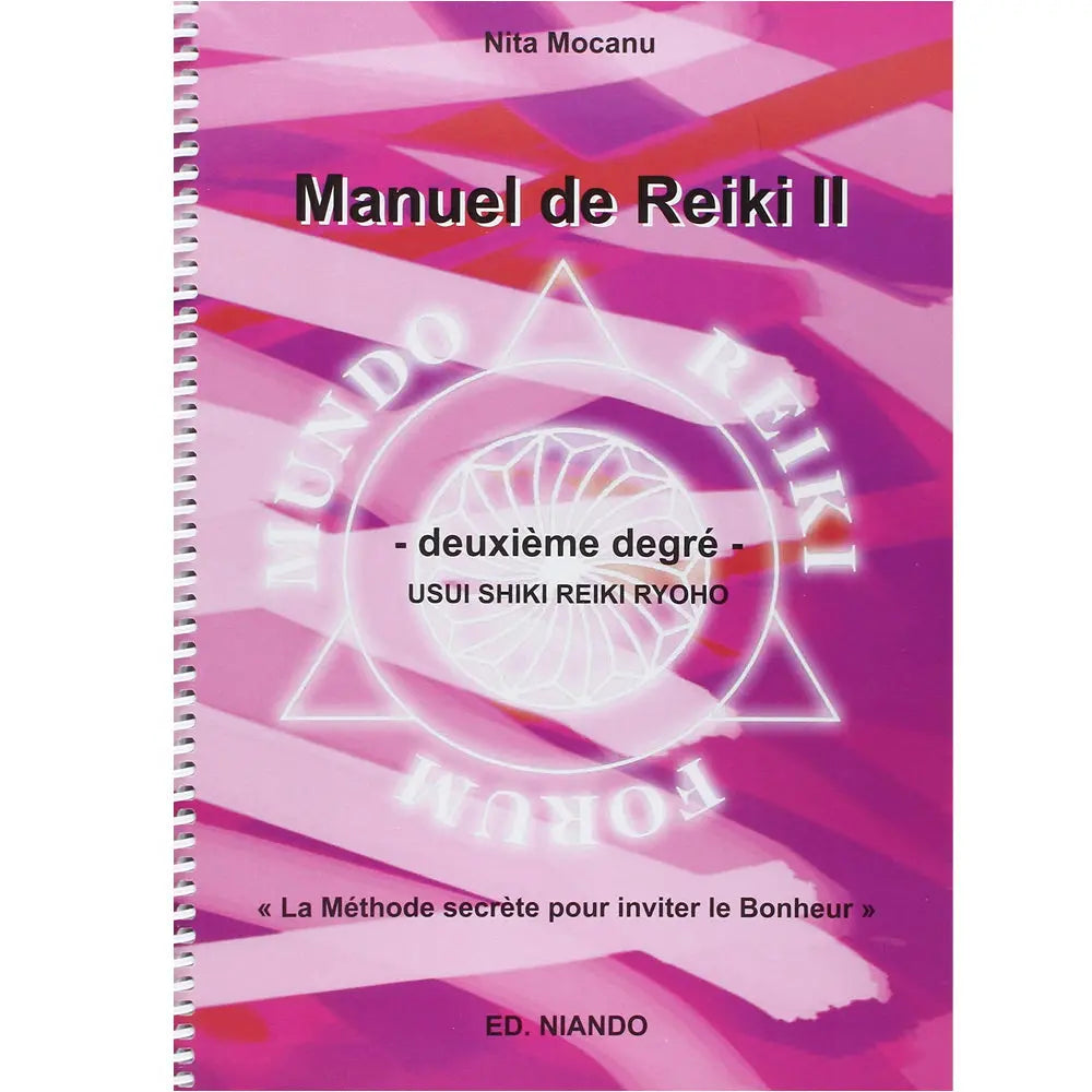 Manuel de Reiki II de Nita Mocanu, un ouvrage à spirales à la couverture rose et violette ornée d'un symbole géométrique lumineux. 