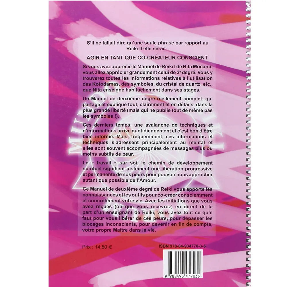 Manuel de Reiki II de Nita Mocanu, sa quatrième de couverture à spirales sur fond rose et violet présentant le résumé de cet ouvrage de deuxième degré.