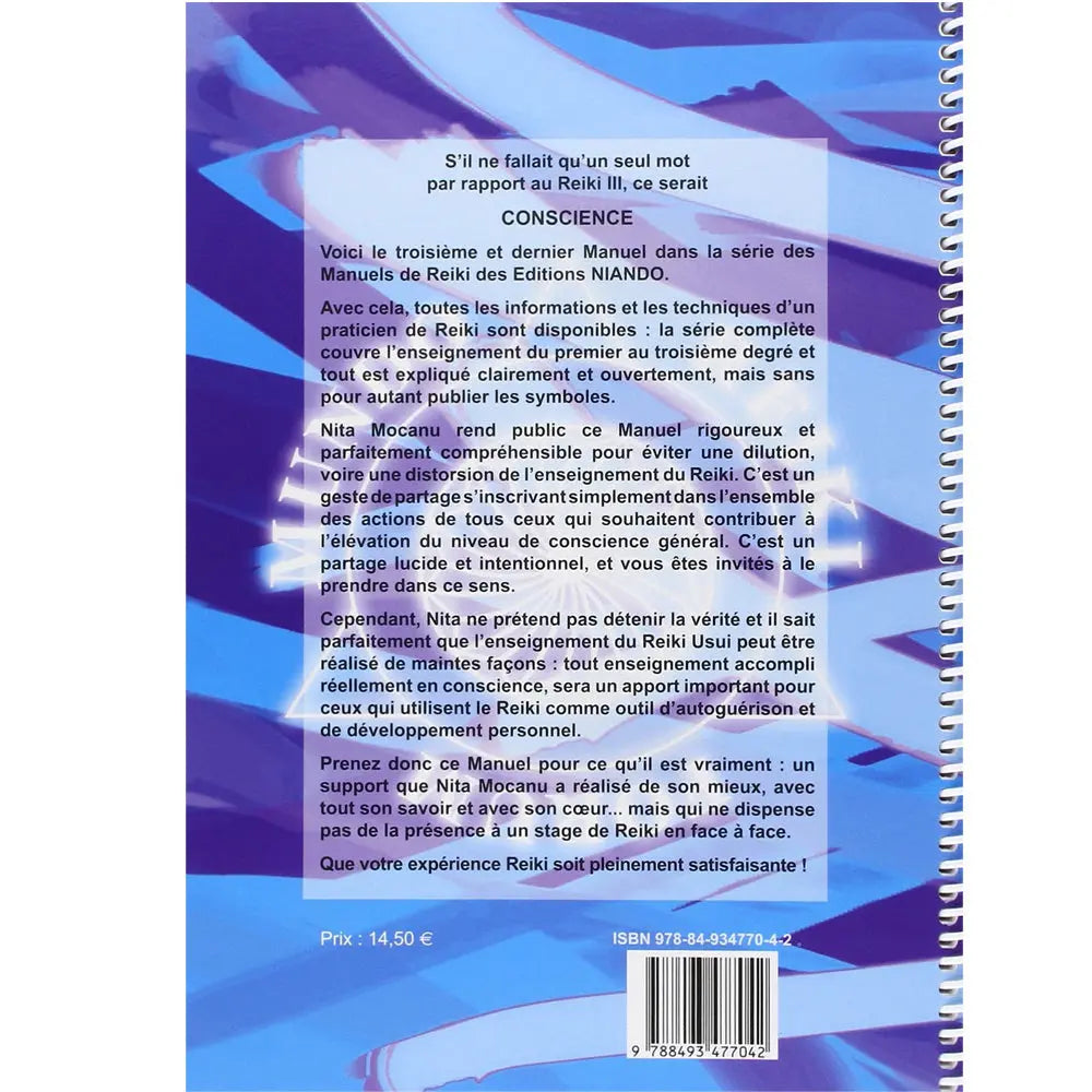 Manuel de Reiki III de Nita Mocanu, sa quatrième de couverture à spirales sur fond bleu et violet présentant le résumé de cet ouvrage de troisième degré.