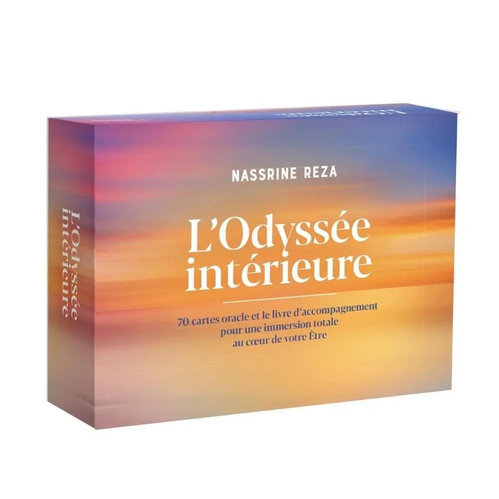 L'Odyssée Intérieure, coffret rectangulaire illustré d'un dégradé de couleurs chaudes évoquant un coucher de soleil sur l'horizon.