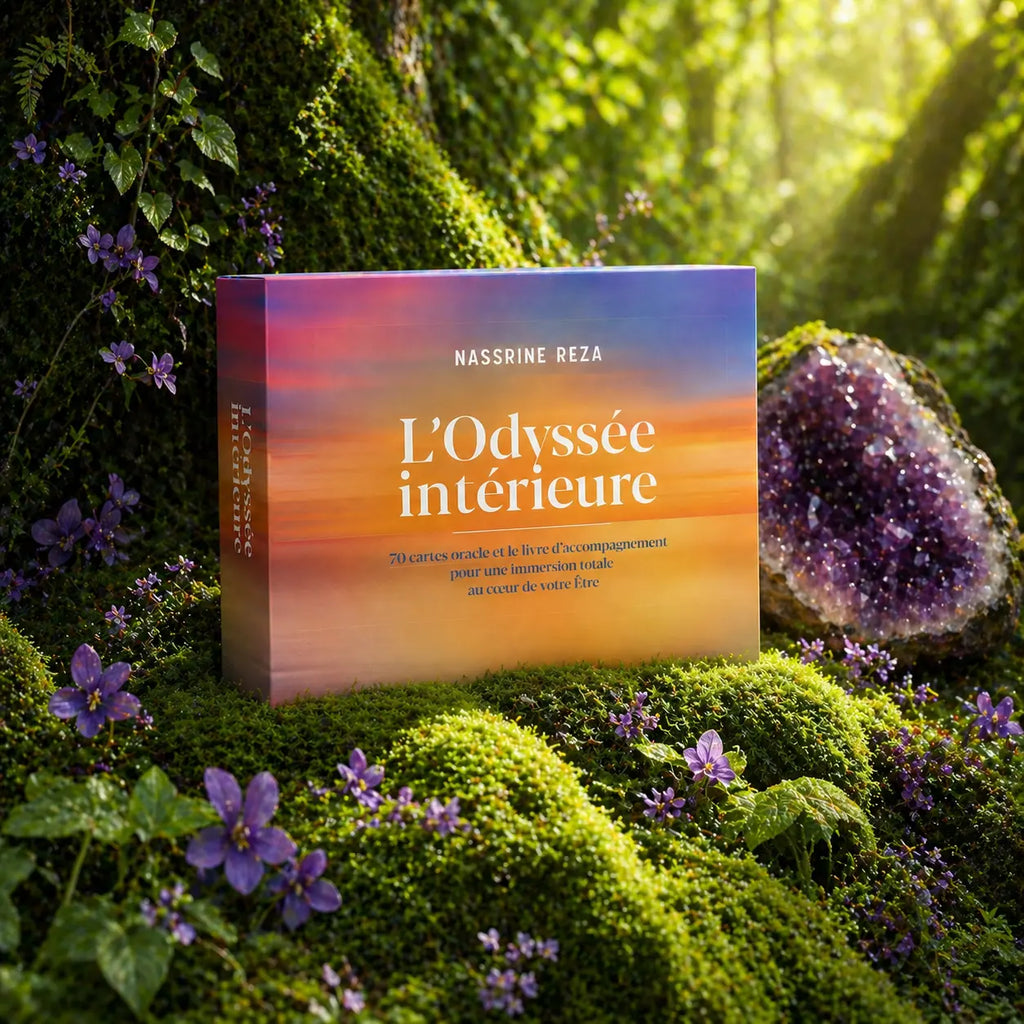Coffret L'Odyssée Intérieure de Nassrine Reza posé dans la mousse d'un sous-bois printanier, illustré d'un coucher de soleil aux teintes chaudes et dégradées.