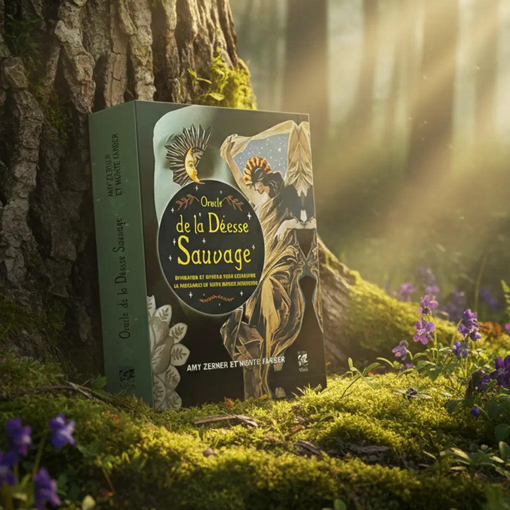 Coffret de l'Oracle de la Déesse Sauvage d'Amy Zerner et Monte Farber posé au pied d'un arbre en forêt, illustré d'une déesse cosmique en collage artistique.