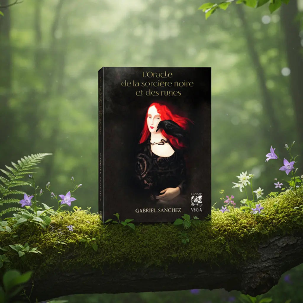 Coffret sombre L'Oracle de la Sorcière Noire et des Runes de Gabriel Sanchez posé sur une souche, illustré d'une sorcière rousse tenant un corbeau.